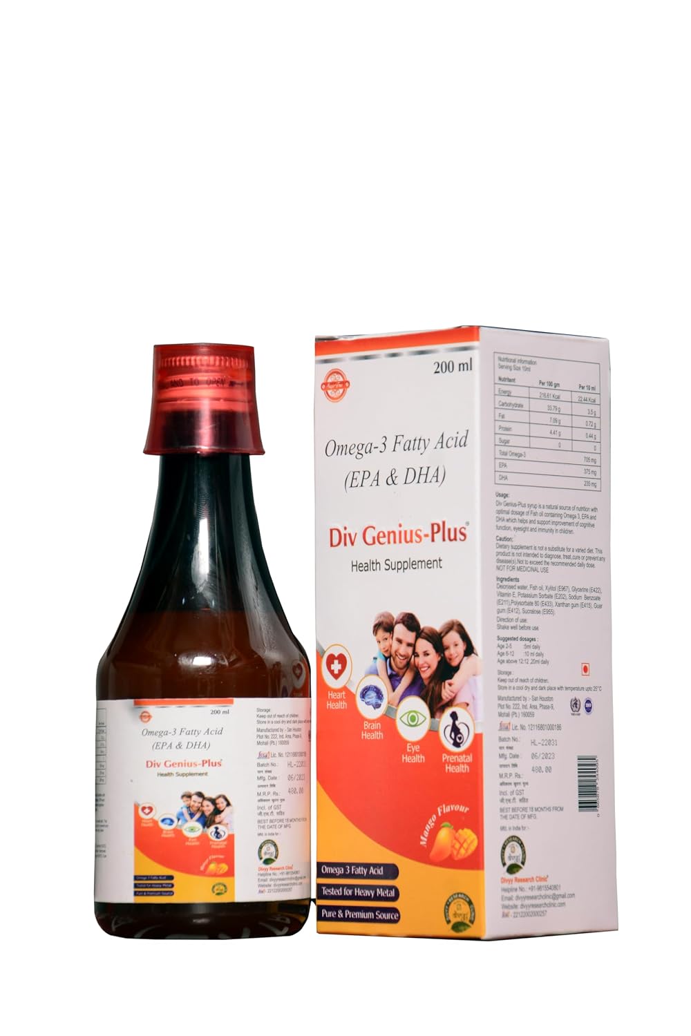 Div Genius Plus Omega-3 Fatty Acids Liquid – Mango Flavour, 200 ml