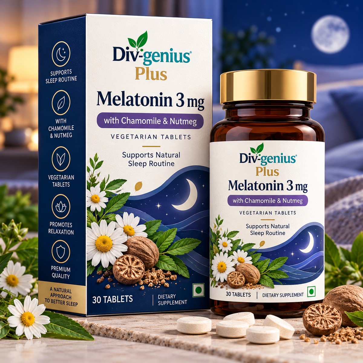 Div Genius Plus Melatonin 3 mg Vegetarian Tablets with Chamomile & Nutmeg – 30 Tablets