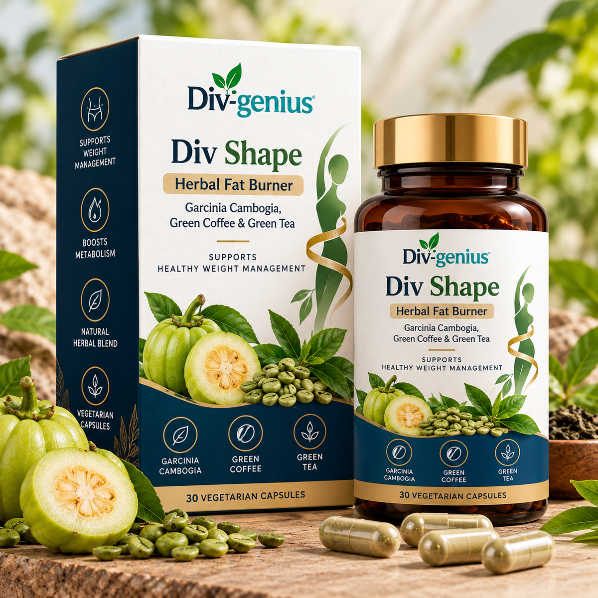 Div Shape Herbal Fat Burner – Garcinia Cambogia, Green Coffee & Green Tea, 30 Vegetarian Capsules