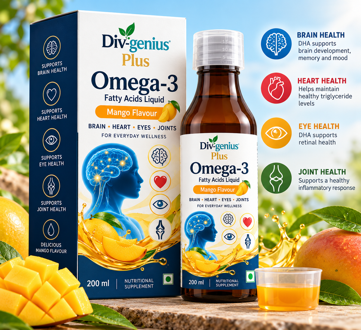 Div Genius Plus Omega-3 Fatty Acids Liquid – Mango Flavour, 200 ml